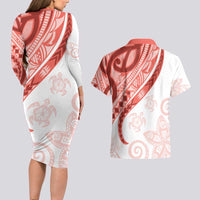Coral Red Polynesian Tribal Turtle Floral Pattern Couples Matching Long Sleeve Bodycon Dress and Hawaiian Shirt LT05 - Polynesian Pride