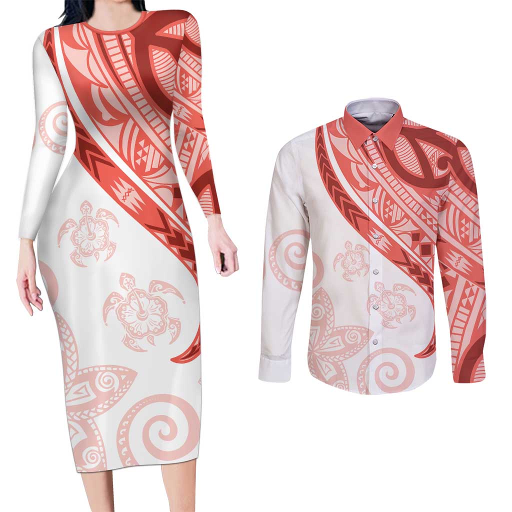 Coral Red Polynesian Tribal Turtle Floral Pattern Couples Matching Long Sleeve Bodycon Dress and Long Sleeve Button Shirt LT05 Red - Polynesian Pride