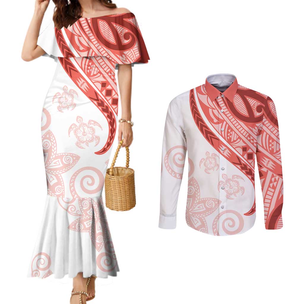 Coral Red Polynesian Tribal Turtle Floral Pattern Couples Matching Mermaid Dress and Long Sleeve Button Shirt LT05 Red - Polynesian Pride