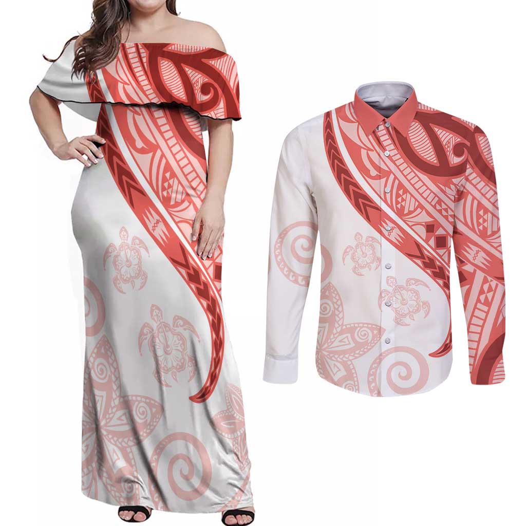 Coral Red Polynesian Tribal Turtle Floral Pattern Couples Matching Off Shoulder Maxi Dress and Long Sleeve Button Shirt LT05 Red - Polynesian Pride
