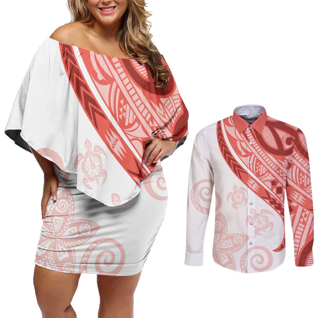 Coral Red Polynesian Tribal Turtle Floral Pattern Couples Matching Off Shoulder Short Dress and Long Sleeve Button Shirt LT05 Red - Polynesian Pride