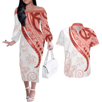 Coral Red Polynesian Tribal Turtle Floral Pattern Couples Matching Off The Shoulder Long Sleeve Dress and Hawaiian Shirt LT05 Red - Polynesian Pride