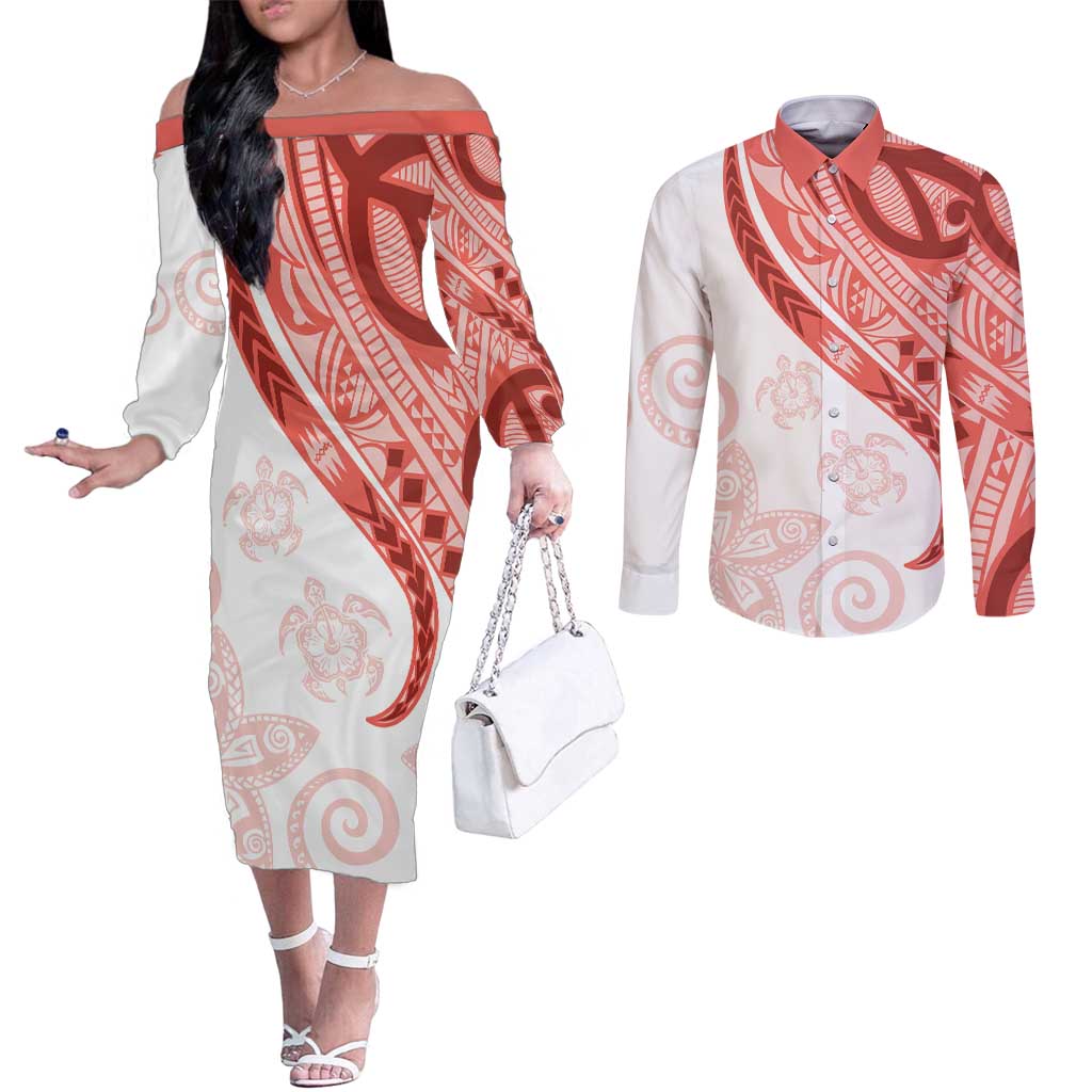 Coral Red Polynesian Tribal Turtle Floral Pattern Couples Matching Off The Shoulder Long Sleeve Dress and Long Sleeve Button Shirt LT05 Red - Polynesian Pride