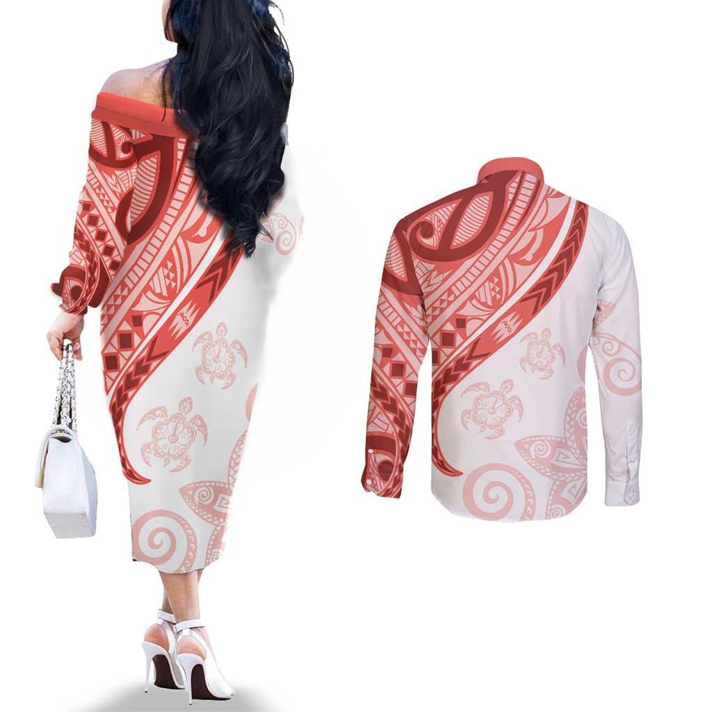 Coral Red Polynesian Tribal Turtle Floral Pattern Couples Matching Off The Shoulder Long Sleeve Dress and Long Sleeve Button Shirt