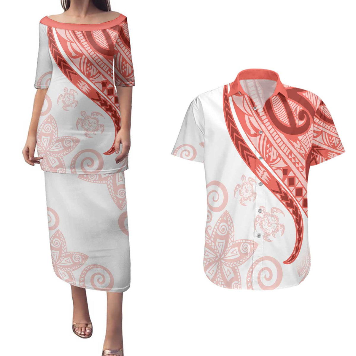 Coral Red Polynesian Tribal Turtle Floral Pattern Couples Matching Puletasi and Hawaiian Shirt