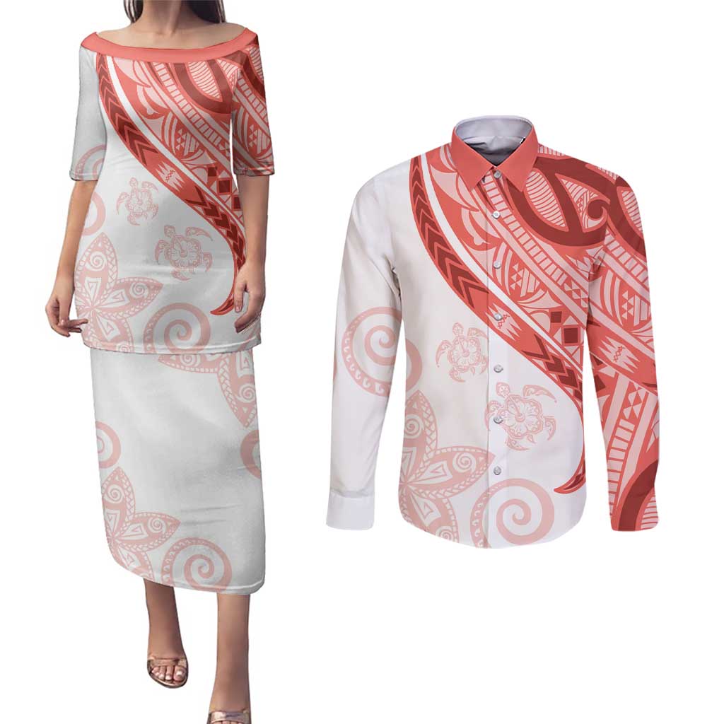 Coral Red Polynesian Tribal Turtle Floral Pattern Couples Matching Puletasi and Long Sleeve Button Shirt LT05 Red - Polynesian Pride