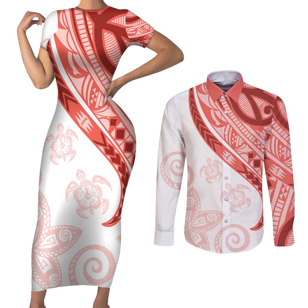 Coral Red Polynesian Tribal Turtle Floral Pattern Couples Matching Short Sleeve Bodycon Dress and Long Sleeve Button Shirt LT05 Red - Polynesian Pride