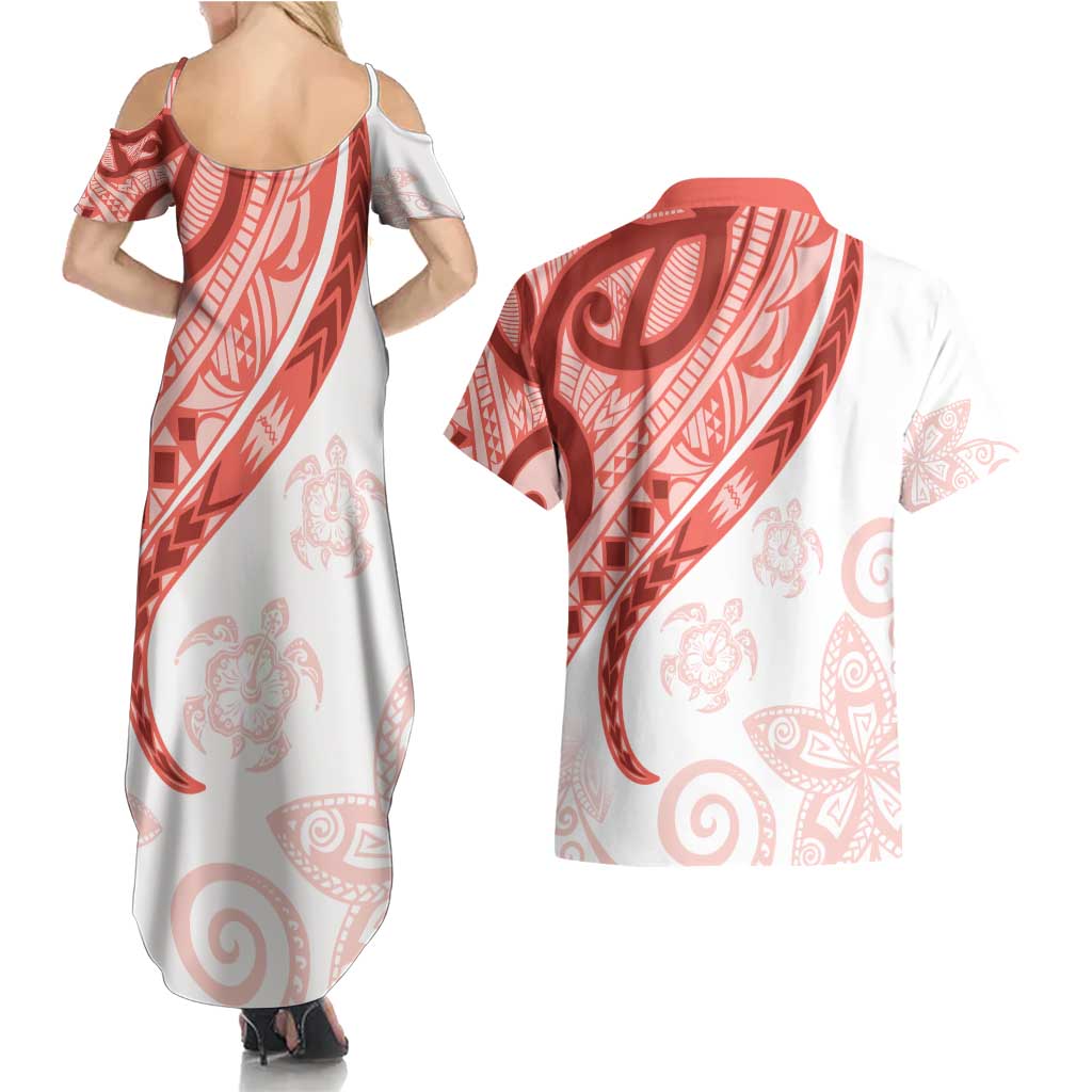 Coral Red Polynesian Tribal Turtle Floral Pattern Couples Matching Summer Maxi Dress and Hawaiian Shirt