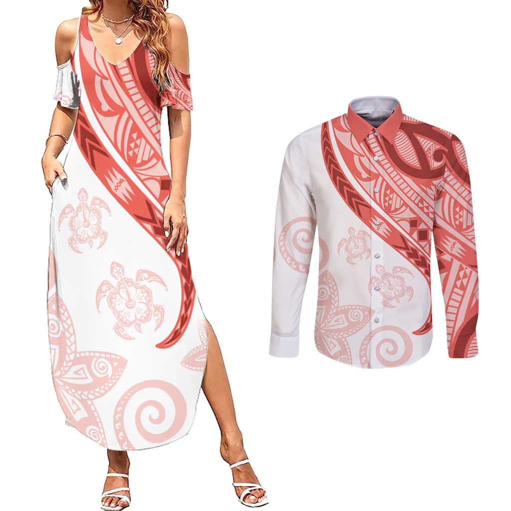 Coral Red Polynesian Tribal Turtle Floral Pattern Couples Matching Summer Maxi Dress and Long Sleeve Button Shirt LT05 Red - Polynesian Pride