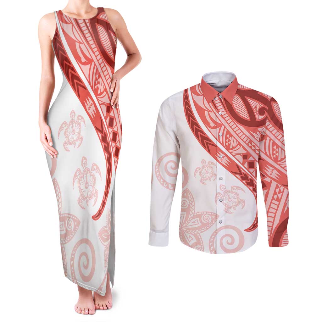Coral Red Polynesian Tribal Turtle Floral Pattern Couples Matching Tank Maxi Dress and Long Sleeve Button Shirt LT05 Red - Polynesian Pride