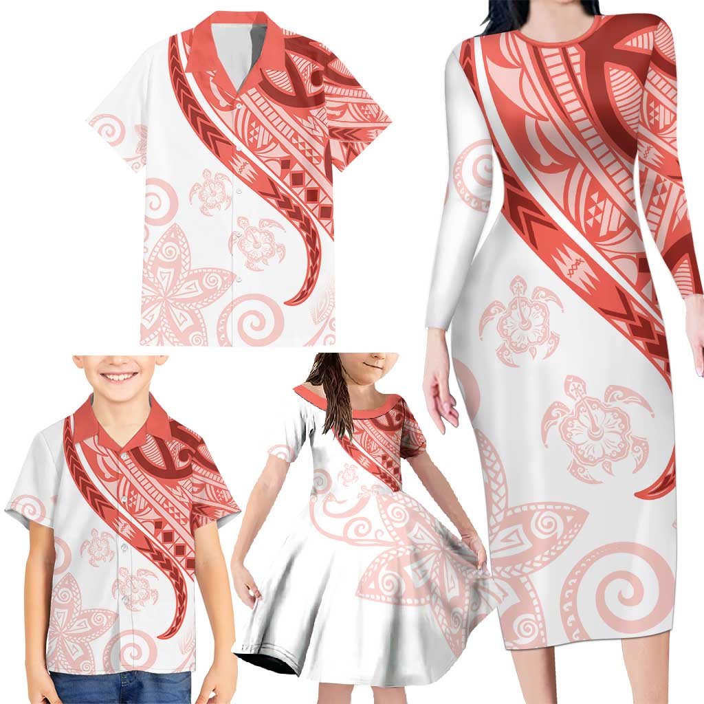 Coral Red Polynesian Tribal Turtle Floral Pattern Family Matching Long Sleeve Bodycon Dress and Hawaiian Shirt LT05 - Polynesian Pride