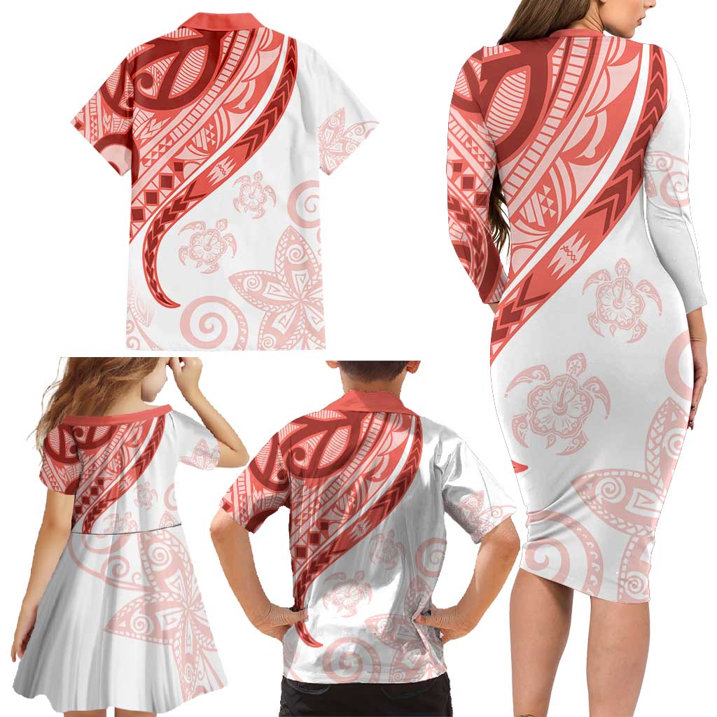 Coral Red Polynesian Tribal Turtle Floral Pattern Family Matching Long Sleeve Bodycon Dress and Hawaiian Shirt LT05 - Polynesian Pride