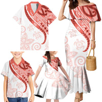Coral Red Polynesian Tribal Turtle Floral Pattern Family Matching Mermaid Dress and Hawaiian Shirt LT05 - Polynesian Pride