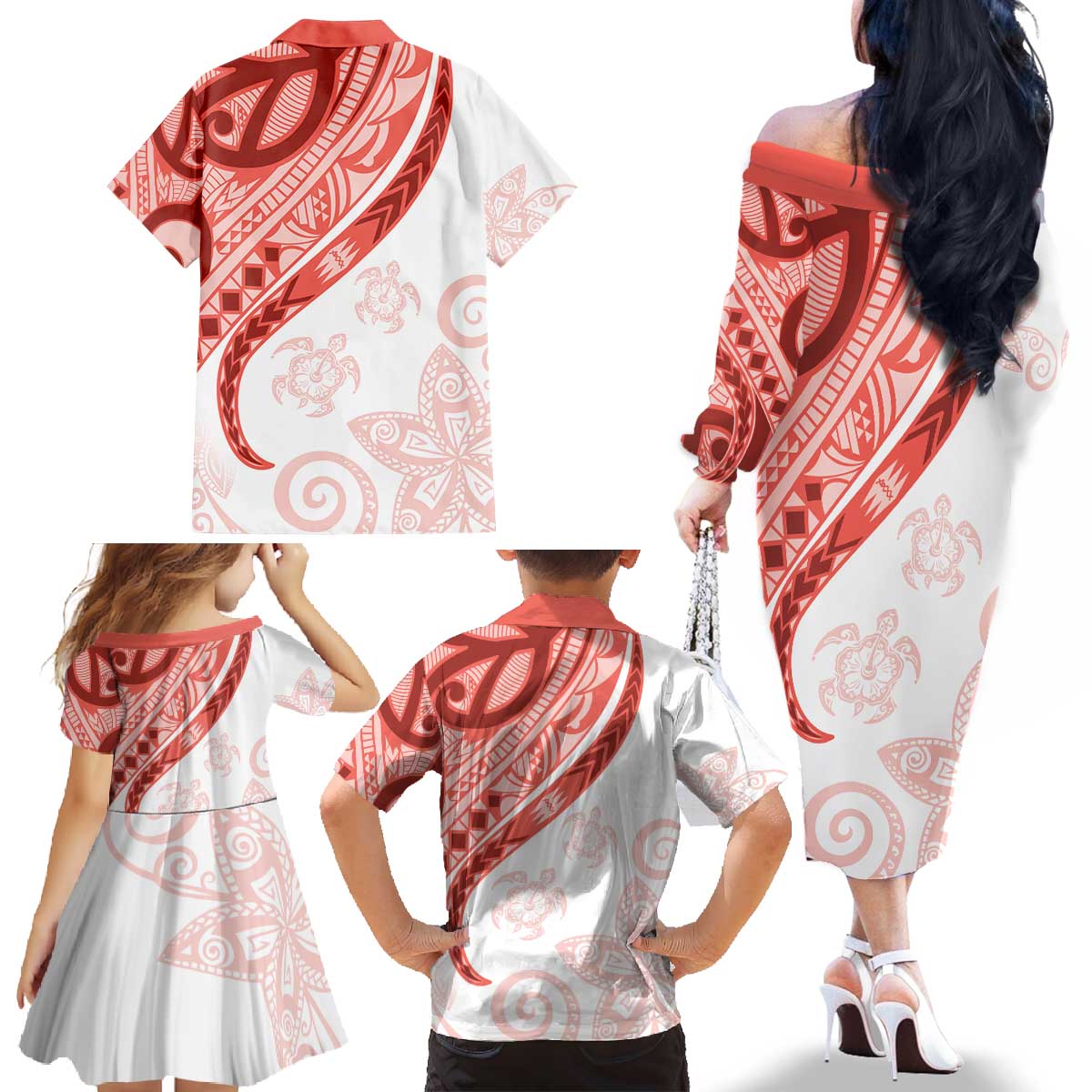 Coral Red Polynesian Tribal Turtle Floral Pattern Family Matching Off The Shoulder Long Sleeve Dress and Hawaiian Shirt LT05 - Polynesian Pride