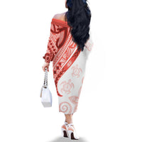 Coral Red Polynesian Tribal Turtle Floral Pattern Family Matching Off The Shoulder Long Sleeve Dress and Hawaiian Shirt LT05 - Polynesian Pride