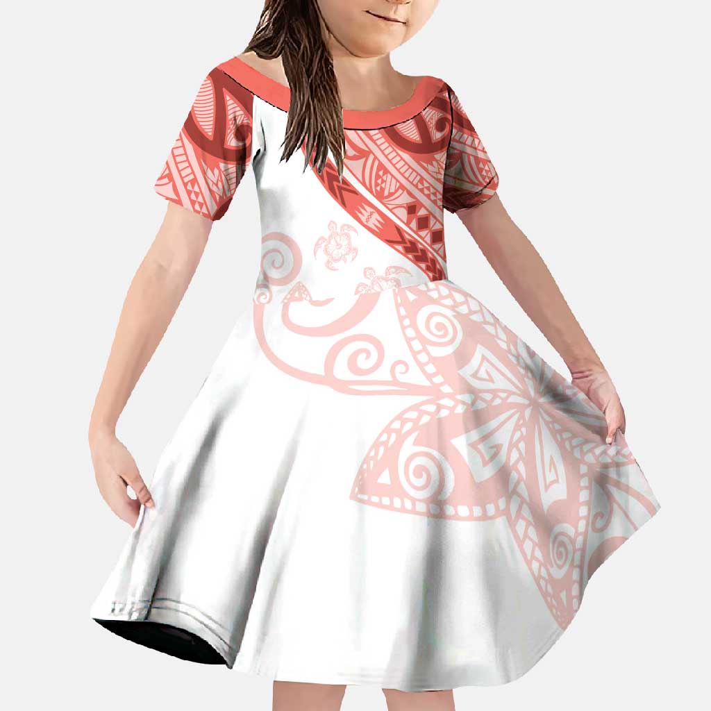 Coral Red Polynesian Tribal Turtle Floral Pattern Family Matching Off Shoulder Maxi Dress and Hawaiian Shirt LT05 Daughter's Dress Red - Polynesian Pride