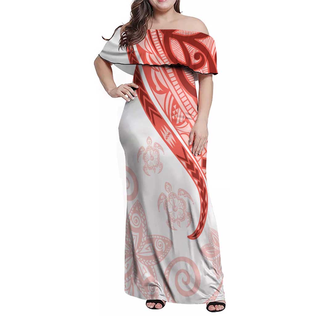 Coral Red Polynesian Tribal Turtle Floral Pattern Family Matching Off Shoulder Maxi Dress and Hawaiian Shirt LT05 Mom's Dress Red - Polynesian Pride