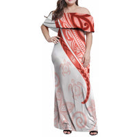 Coral Red Polynesian Tribal Turtle Floral Pattern Family Matching Off Shoulder Maxi Dress and Hawaiian Shirt LT05 Mom's Dress Red - Polynesian Pride