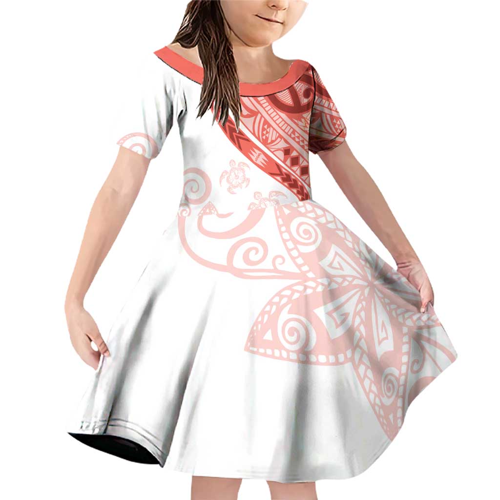 Coral Red Polynesian Tribal Turtle Floral Pattern Family Matching Off Shoulder Short Dress and Hawaiian Shirt LT05 Daughter's Dress Red - Polynesian Pride