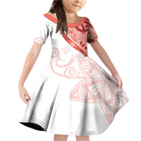 Coral Red Polynesian Tribal Turtle Floral Pattern Family Matching Off Shoulder Short Dress and Hawaiian Shirt LT05 Daughter's Dress Red - Polynesian Pride