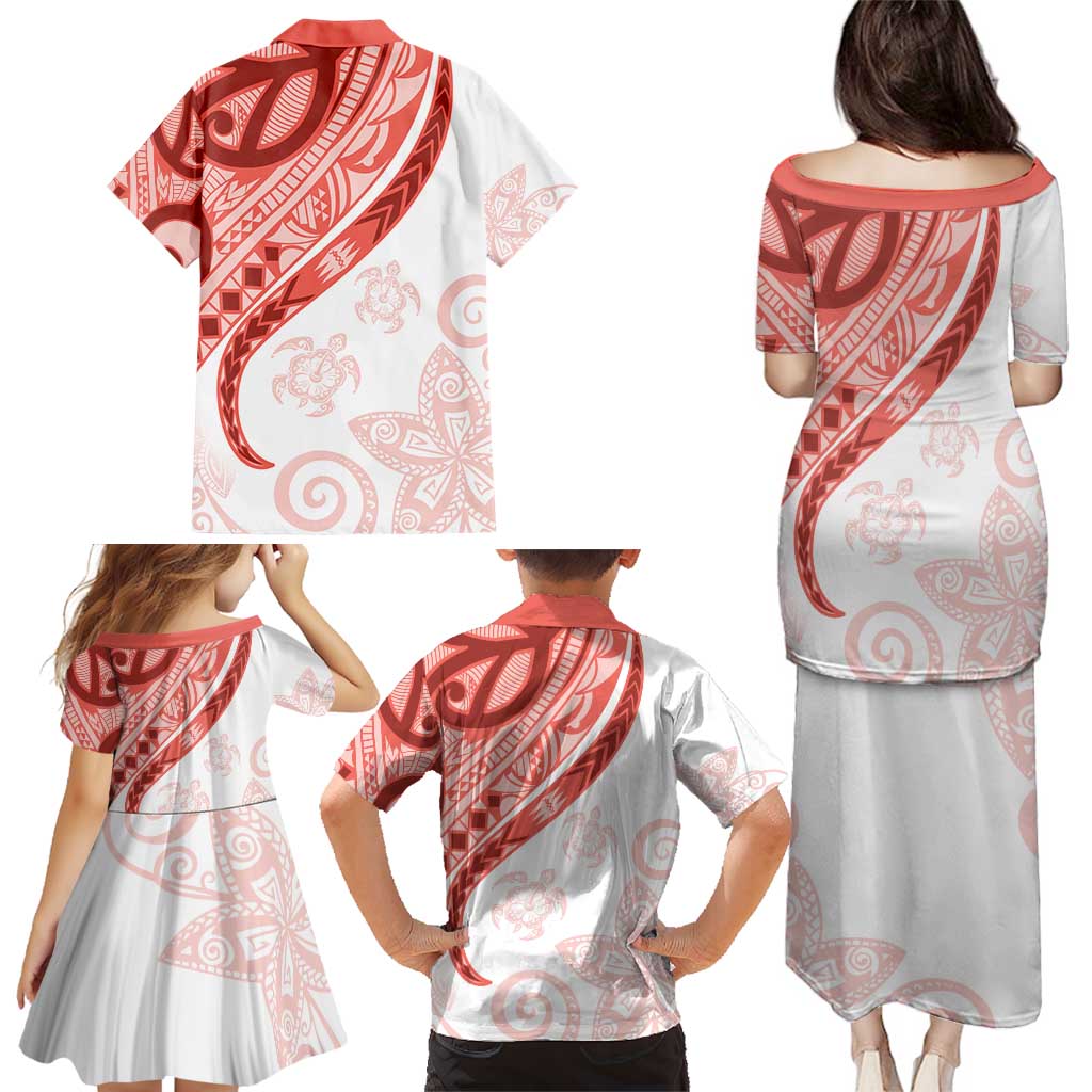 Coral Red Polynesian Tribal Turtle Floral Pattern Family Matching Puletasi and Hawaiian Shirt LT05 - Polynesian Pride