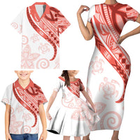 Coral Red Polynesian Tribal Turtle Floral Pattern Family Matching Short Sleeve Bodycon Dress and Hawaiian Shirt LT05 - Polynesian Pride