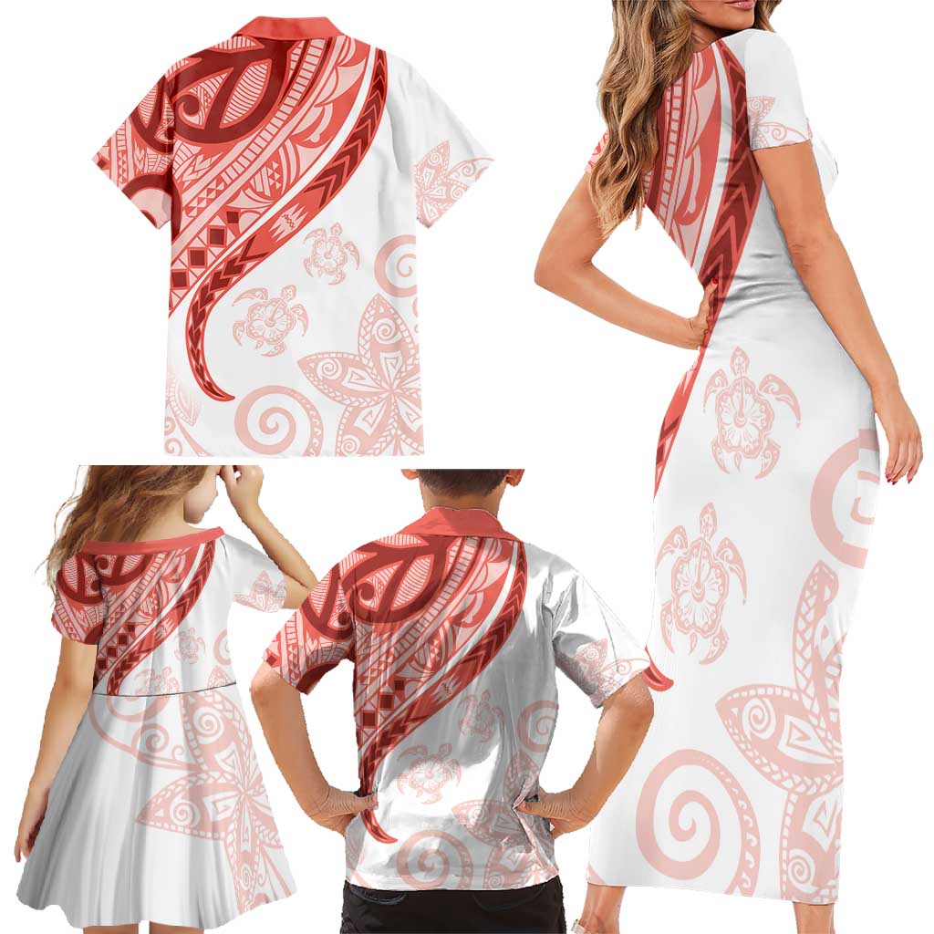 Coral Red Polynesian Tribal Turtle Floral Pattern Family Matching Short Sleeve Bodycon Dress and Hawaiian Shirt LT05 - Polynesian Pride