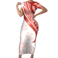 Coral Red Polynesian Tribal Turtle Floral Pattern Family Matching Short Sleeve Bodycon Dress and Hawaiian Shirt LT05 Mom's Dress Red - Polynesian Pride