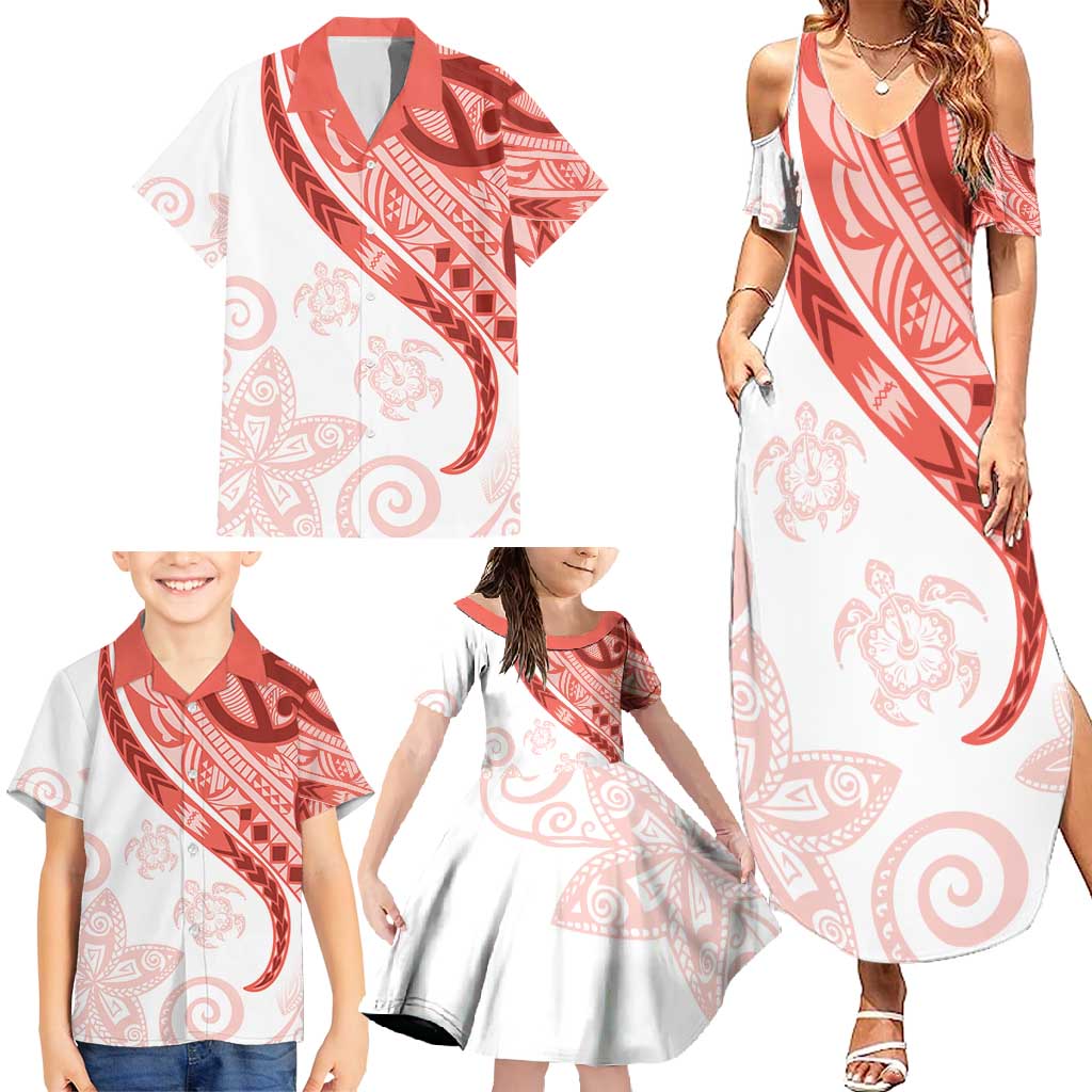 Coral Red Polynesian Tribal Turtle Floral Pattern Family Matching Summer Maxi Dress and Hawaiian Shirt LT05 - Polynesian Pride