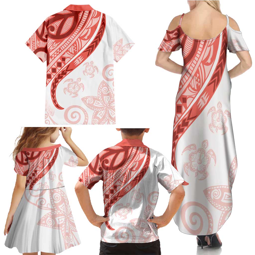 Coral Red Polynesian Tribal Turtle Floral Pattern Family Matching Summer Maxi Dress and Hawaiian Shirt LT05 - Polynesian Pride