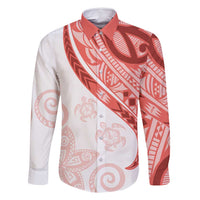 Coral Red Polynesian Tribal Turtle Floral Pattern Family Matching Summer Maxi Dress and Hawaiian Shirt LT05 Dad's Shirt - Long Sleeve Red - Polynesian Pride