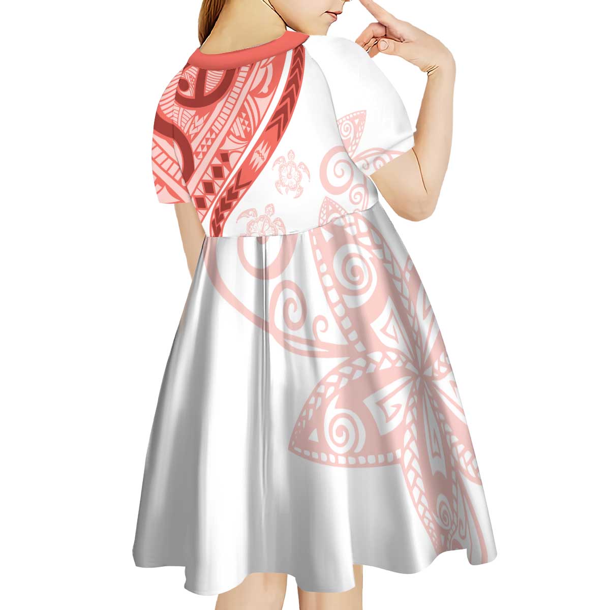 Coral Red Polynesian Tribal Turtle Floral Pattern Kid Short Sleeve Dress LT05 - Polynesian Pride