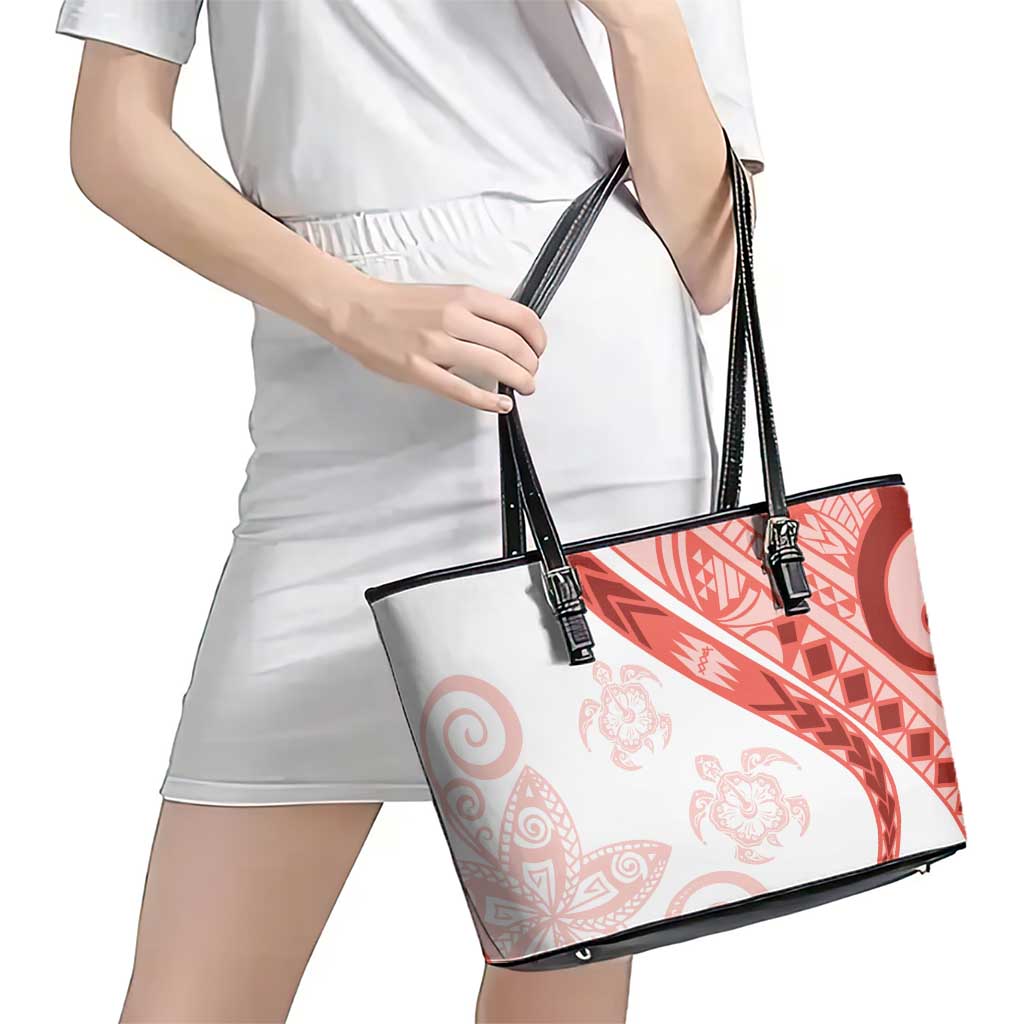 Coral Red Polynesian Tribal Turtle Floral Pattern Leather Tote Bag LT05 - Polynesian Pride