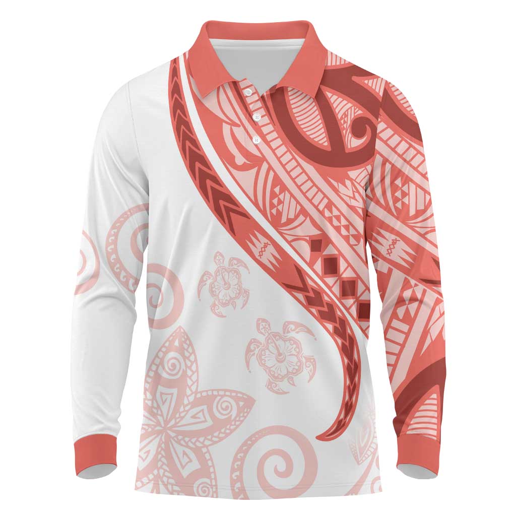 Coral Red Polynesian Tribal Turtle Floral Pattern Long Sleeve Polo Shirt LT05 Red - Polynesian Pride