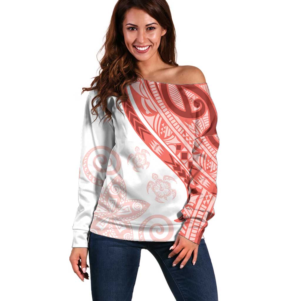 Coral Red Polynesian Tribal Turtle Floral Pattern Off Shoulder Sweater LT05 Women Red - Polynesian Pride