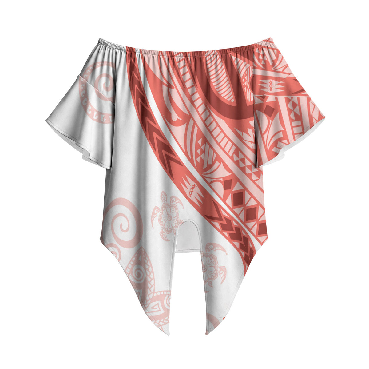 Coral Red Polynesian Tribal Turtle Floral Pattern Off Shoulder Wrap Waist Top LT05 Red - Polynesian Pride