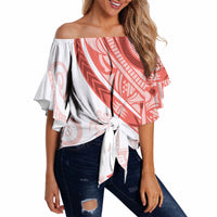 Coral Red Polynesian Tribal Turtle Floral Pattern Off Shoulder Wrap Waist Top LT05 - Polynesian Pride