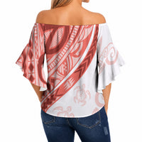 Coral Red Polynesian Tribal Turtle Floral Pattern Off Shoulder Wrap Waist Top LT05 - Polynesian Pride