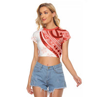 Coral Red Polynesian Tribal Turtle Floral Pattern Raglan Cropped T Shirt LT05 Female Red - Polynesian Pride