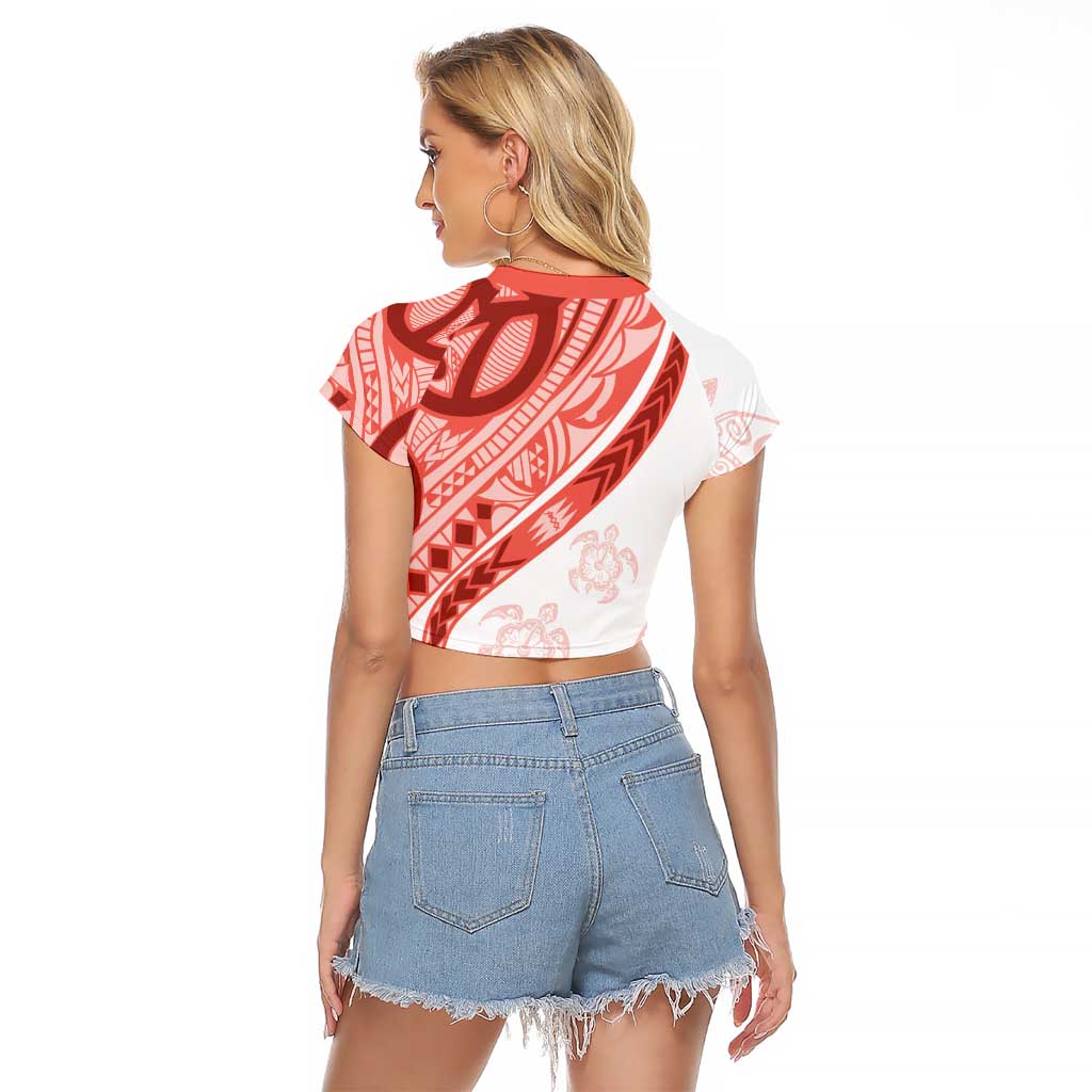 Coral Red Polynesian Tribal Turtle Floral Pattern Raglan Cropped T Shirt LT05 - Polynesian Pride