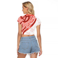 Coral Red Polynesian Tribal Turtle Floral Pattern Raglan Cropped T Shirt LT05 - Polynesian Pride