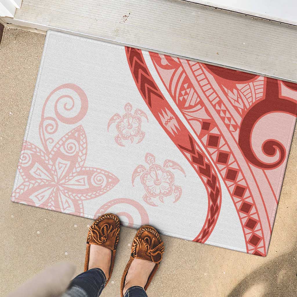 Coral Red Polynesian Tribal Turtle Floral Pattern Rubber Doormat