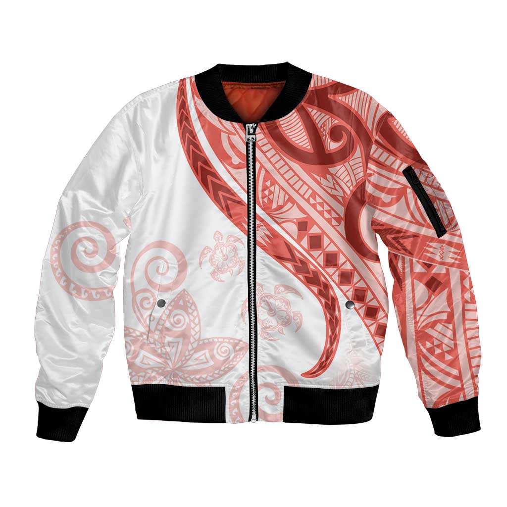 Coral Red Polynesian Tribal Turtle Floral Pattern Sleeve Zip Bomber Jacket LT05 Unisex Red - Polynesian Pride