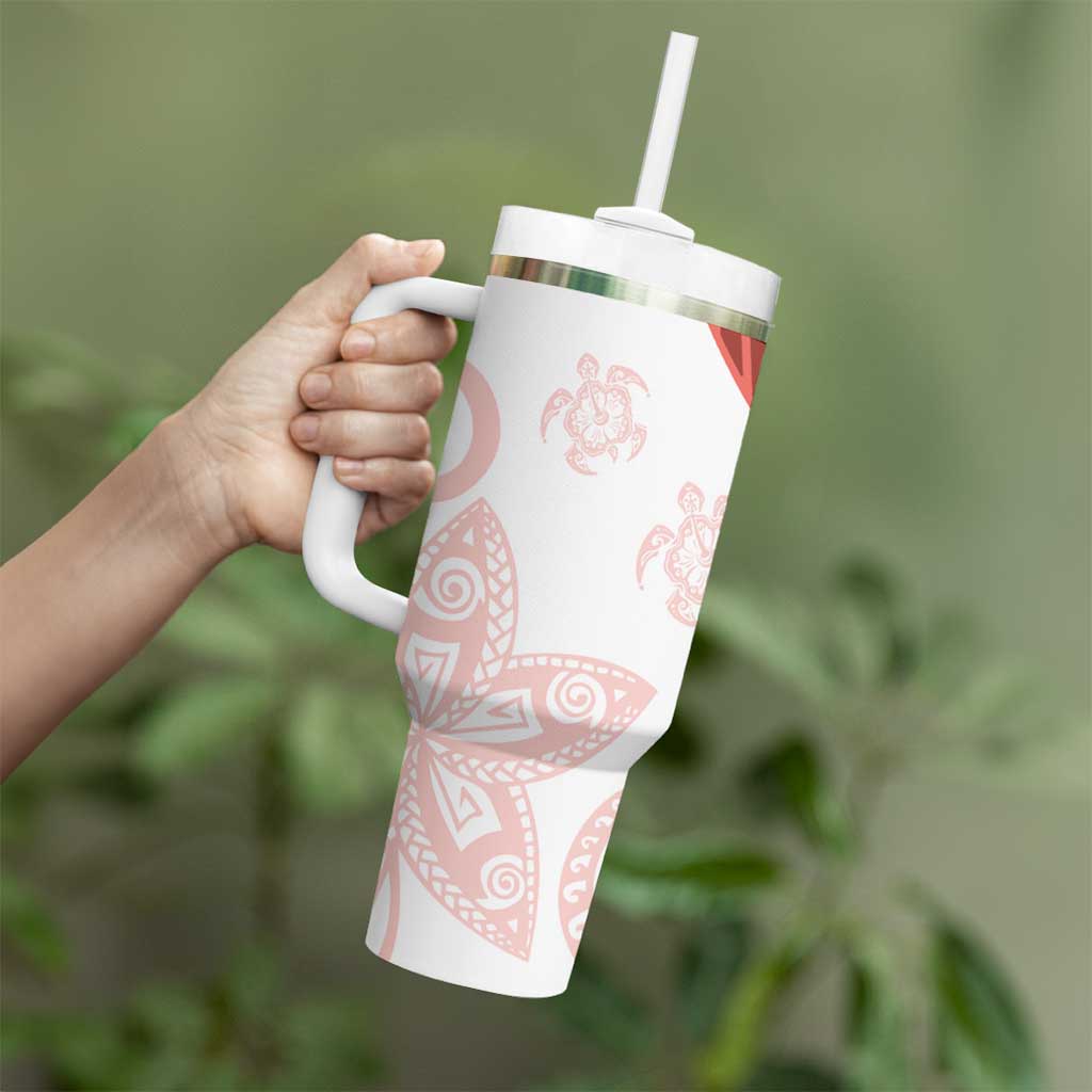 Coral Red Polynesian Tribal Turtle Floral Pattern Tumbler With Handle