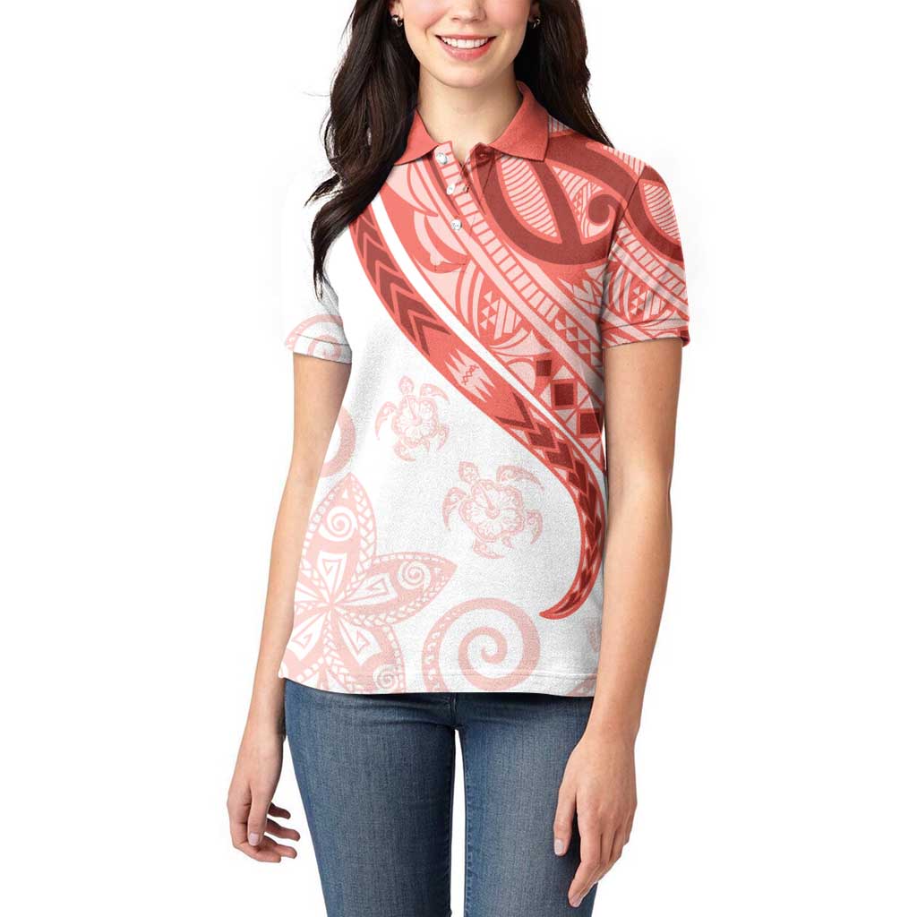 Coral Red Polynesian Tribal Turtle Floral Pattern Women Polo Shirt