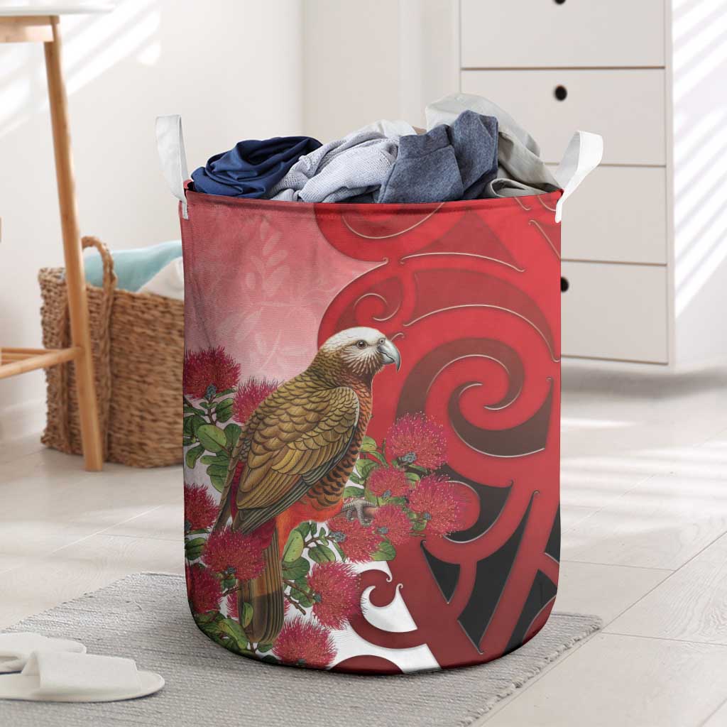 New Zealand Parrot Kaka Laundry Basket Maori Koru With Pohutukawa Flowers - Polynesian Pride