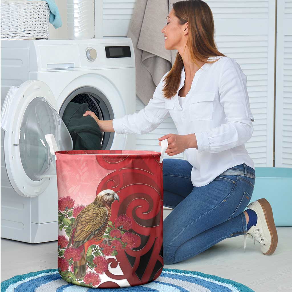 New Zealand Parrot Kaka Laundry Basket Maori Koru With Pohutukawa Flowers - Polynesian Pride