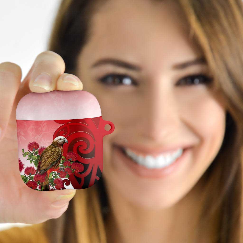 New Zealand Parrot Kaka AirPods Case Maori Koru With Pohutukawa Flowers LT05 - Polynesian Pride