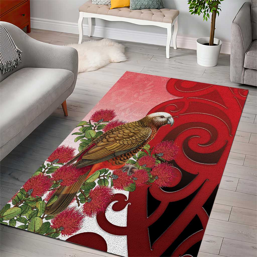 New Zealand Parrot Kaka Area Rug Maori Koru With Pohutukawa Flowers LT05 - Polynesian Pride