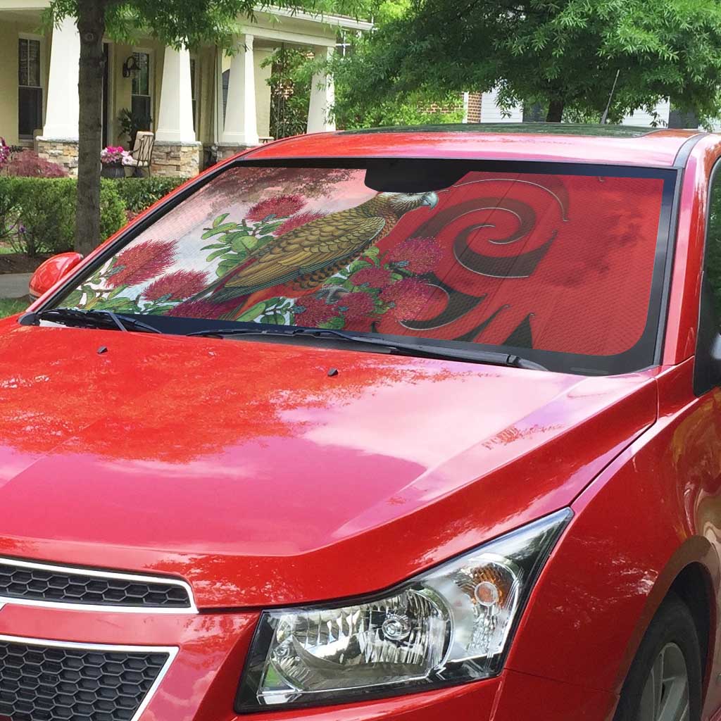 New Zealand Parrot Kaka Auto Sun Shade Maori Koru With Pohutukawa Flowers - Polynesian Pride